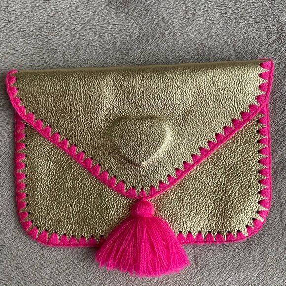 AMANO Project Metallic Gold w/ Pink thread and PomPom, Clutch Bag/Purse - Picture 1 of 3